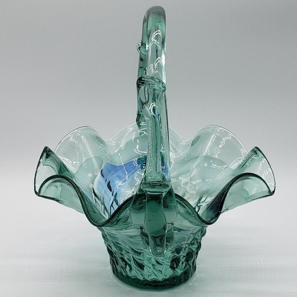 Teal White Blue Vintage Art Glass Ruffled Waffle Fruit Basket with Handle - Picture 11 of 15